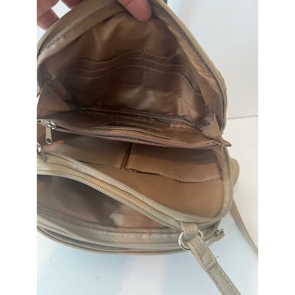 MultiSac Zippy Tan Green Blue Striped Triple Compartment Crossbody Shoulder Bag - Picture 9 of 15